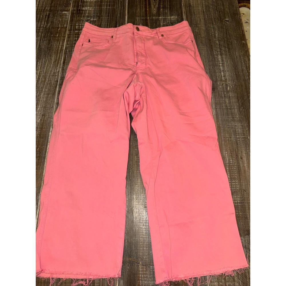 Judy Blue Pink Garment Dyed Wide Leg Raw Hem Jeans 16W High Rise Stretch Denim